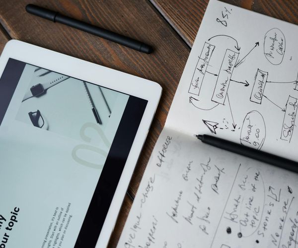 Strategic planning process with analytics charts and marketing roadmap